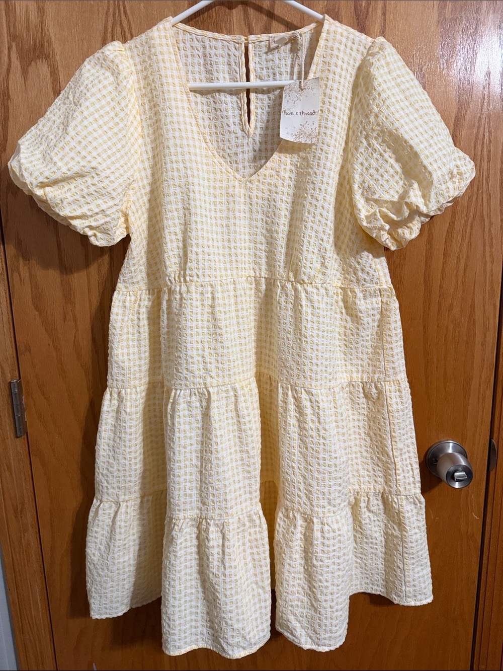 Hem & Thread Soft Yellow Tiered Puff-Sleeve Gingham Dress